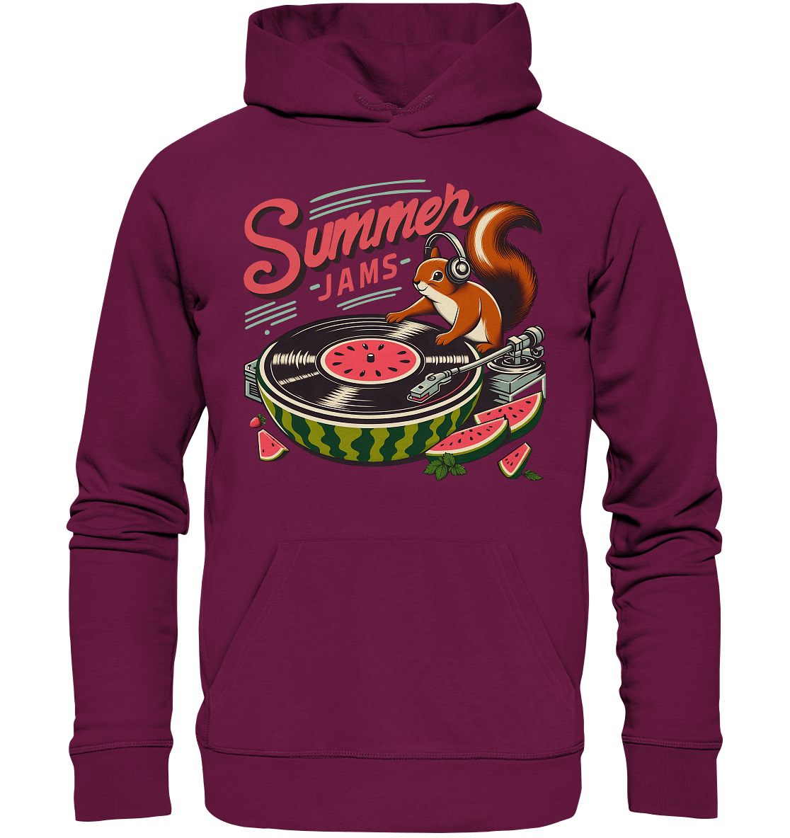 Summer Jams – Lustiges Eichhörnchen DJ Design mit Wassermelonen - Plattenspieler und Sommer - Vibes - Premium Unisex Hoodie - FaunaFeels Onlineshop Hoodies