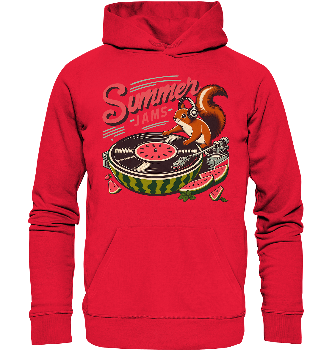 Summer Jams – Lustiges Eichhörnchen DJ Design mit Wassermelonen - Plattenspieler und Sommer - Vibes - Premium Unisex Hoodie - FaunaFeels Onlineshop Hoodies