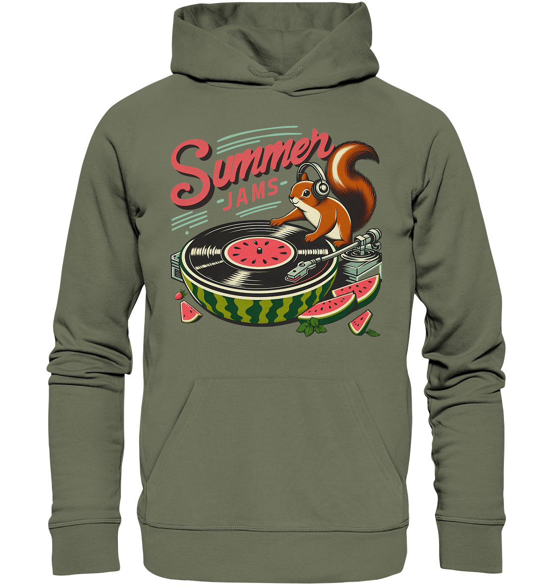 Summer Jams – Lustiges Eichhörnchen DJ Design mit Wassermelonen - Plattenspieler und Sommer - Vibes - Premium Unisex Hoodie - FaunaFeels Onlineshop Hoodies