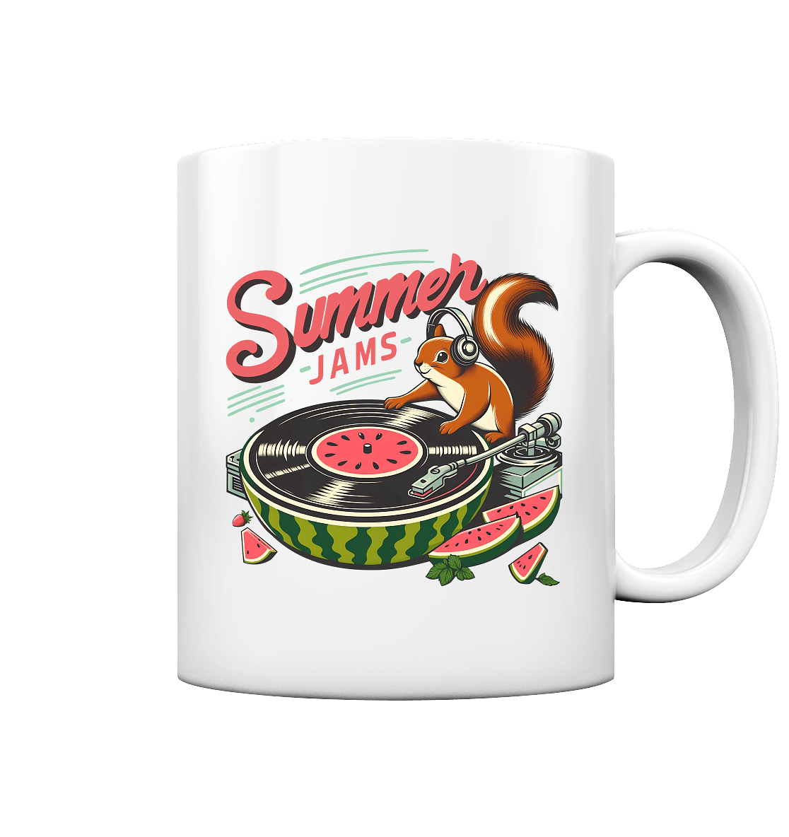 Summer Jams – Lustiges Eichhörnchen DJ Design mit Wassermelonen - Plattenspieler und Sommer - Vibes - Tasse glossy - FaunaFeels Onlineshop Trinkgefäße
