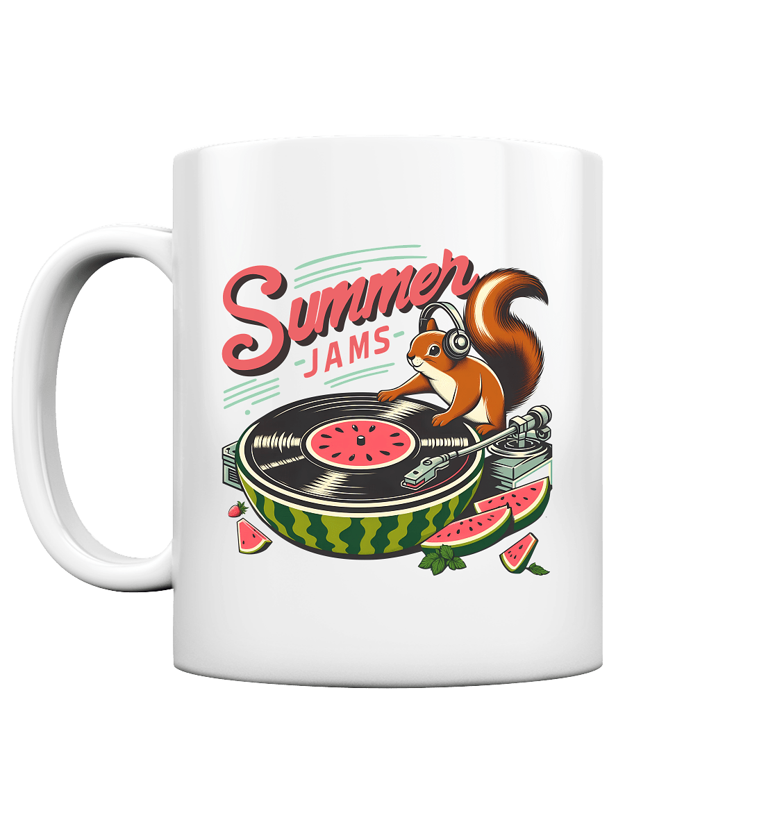 Summer Jams – Lustiges Eichhörnchen DJ Design mit Wassermelonen - Plattenspieler und Sommer - Vibes - Tasse glossy - FaunaFeels Onlineshop Trinkgefäße