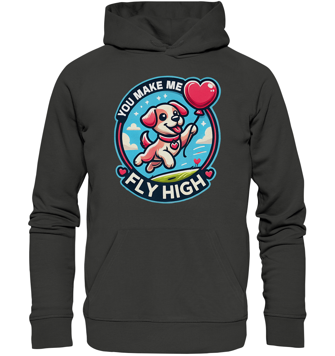 You Make Me Fly High - Verspielte Welpe mit Herzballon - Premium Unisex Hoodie - FaunaFeels Onlineshop Hoodies