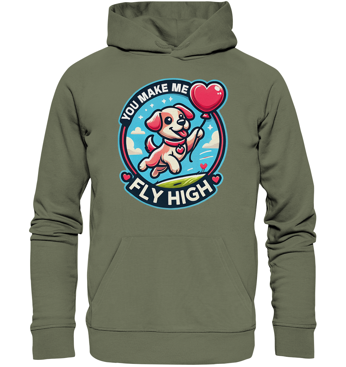 You Make Me Fly High - Verspielte Welpe mit Herzballon - Premium Unisex Hoodie - FaunaFeels Onlineshop Hoodies