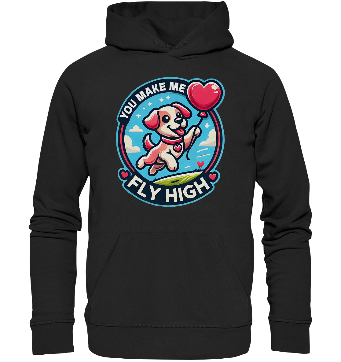 You Make Me Fly High - Verspielte Welpe mit Herzballon - Premium Unisex Hoodie - FaunaFeels Onlineshop Hoodies