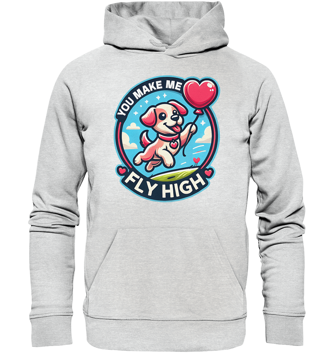 You Make Me Fly High - Verspielte Welpe mit Herzballon - Premium Unisex Hoodie - FaunaFeels Onlineshop Hoodies